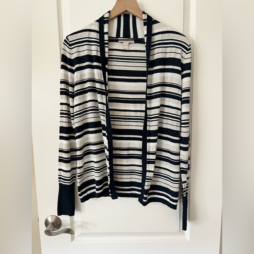 Banana Republic Cotton Linen Blend Navy Tan and White Striped Cardigan